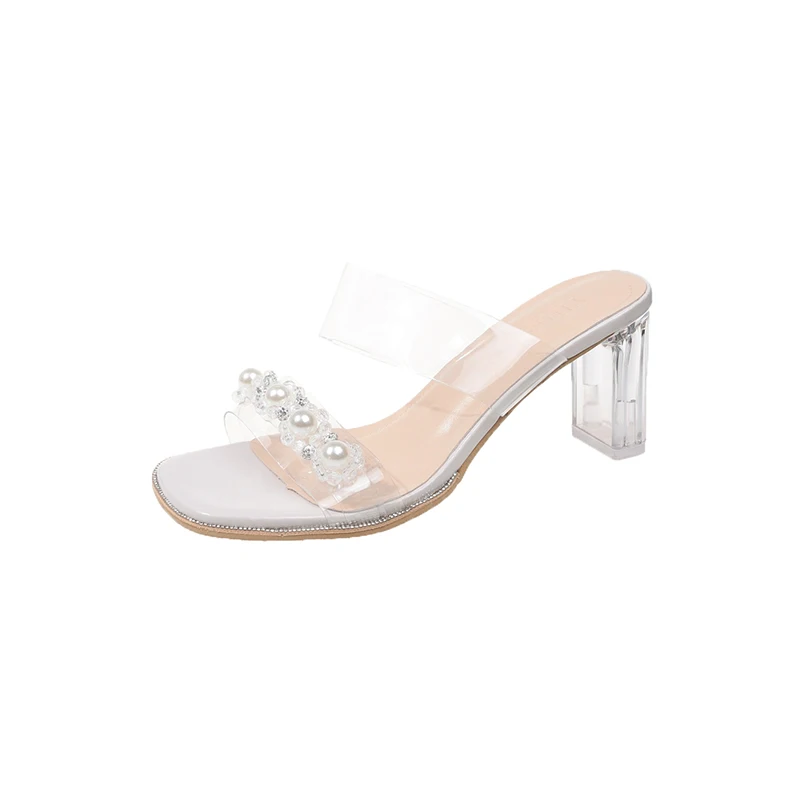 2026 Summer Elegant Transparent Chunky Heel Shoes Luxury Pearl Decoration Square Head Slippers Ladies Sandals Large Size 34-40
