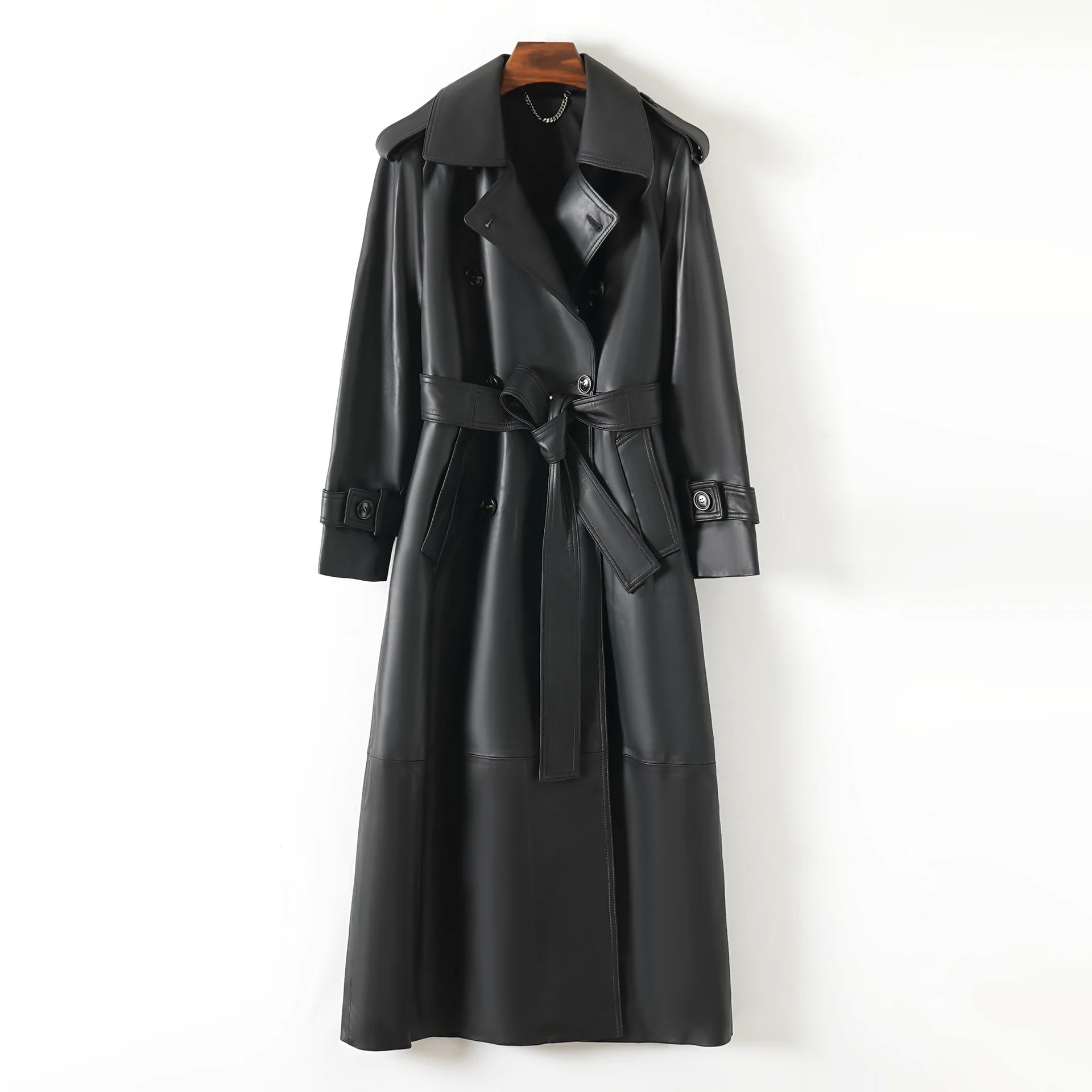 Manteau long en cuir pour femme, véritable cuir d'agneau, col à revers, double boutonnage, coupe ajustée, avec ceinture longue, collection automne/hiver