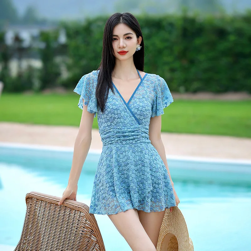 2024 New Mesh Floral Embroidery One Piece Swimsuit Women High Waist Pink Blue Skirt Sexy V-neck Backless Beach Holiday Swim Wear