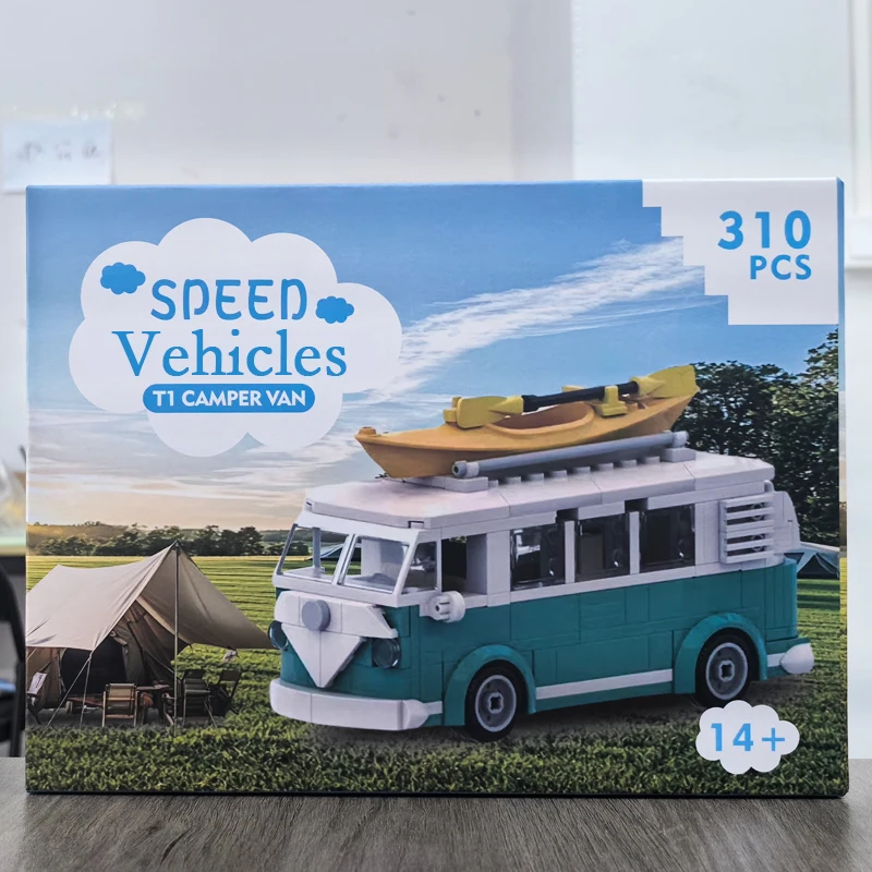 Bricklink MOC voiture technique 10220 VW T1 Turquoise camping-car Van City Camp camion ensembles avec boîte blocs de construction jouets cadeau de noël