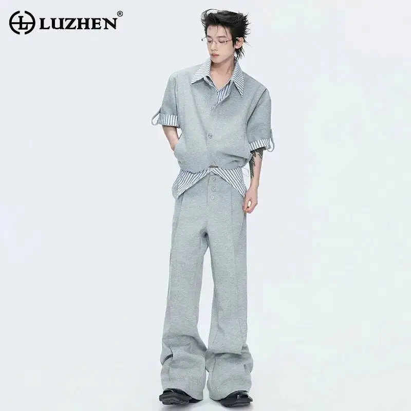 

LUZHEN 2026 Summer New Fake Two Piece Design Stripe Printed Neck Short Sleeve Shirts Men's Trendy Loose Straight Pants JY6708