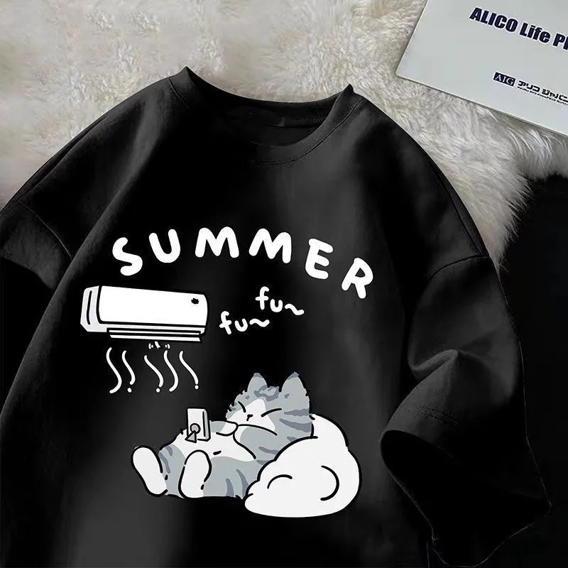 Summer Japanese Cartoon Cute Cat Fun Print Short Sleeve T-shirt Women's Loose Casual Half Sleeve Soft Bottom Plus Size Shirt Top