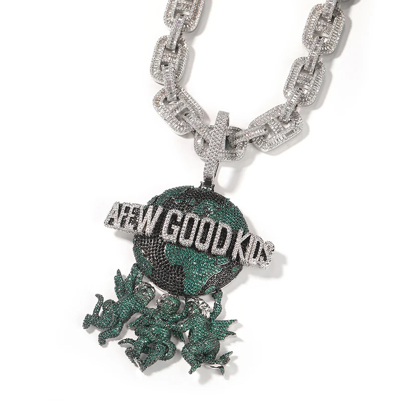 

Hip Hop 3A+ CZ Stone Paved Bling Iced Out Afew Good Kids Little Angel Earth Pendants Necklace for Men Rapper Jewelry Gift
