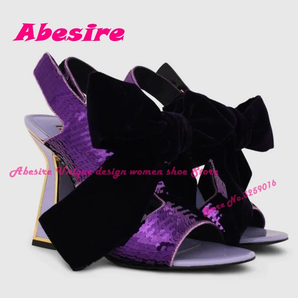 Purple Velvet Bow Shiny Sequins Sandals Loop-and-hook Slingback Flared Heel Sandals Summer 2023 New Banquet Elegant Women\'s Shoe