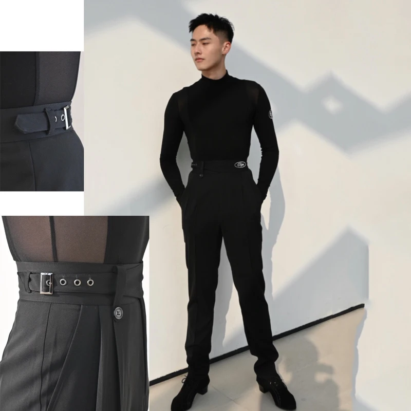 2025 Pantaloni da ballo latino per uomo Abiti da pratica neri a vita alta Pantaloni da ballo moderni Chacha Rumba per adulti Abbigliamento latino DQS15443