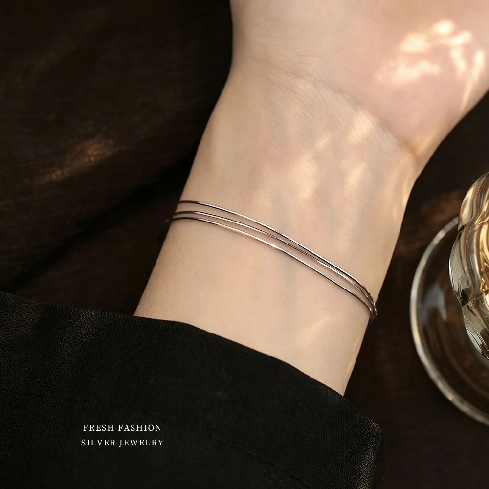 F.I.N.S 925 Sterling Silver Three Layer Bracelet for Women Adjustable Snake Chain Basic Bracelet Minimalist Fine Jewelry Gift