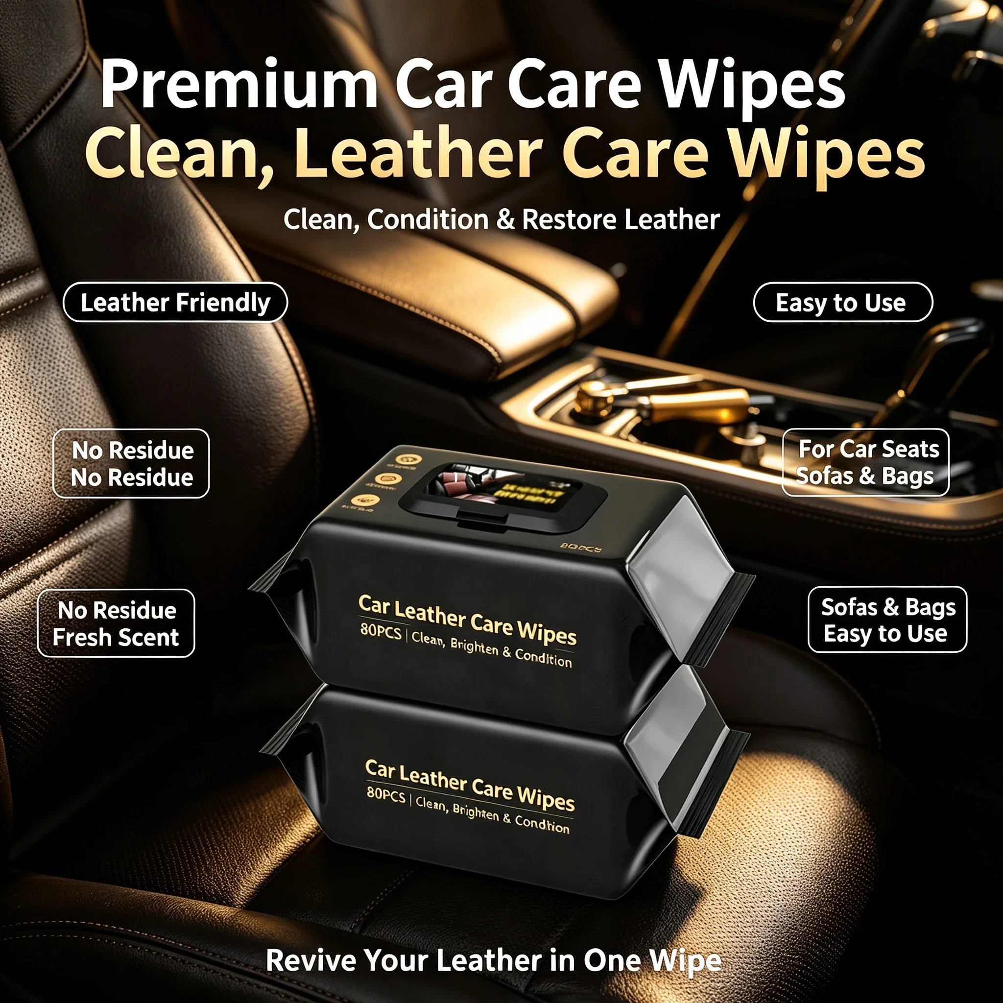 Car Detailing Leather Wipes 3-in-1 Clean Shine Protect for Interior Car Leather Care Quick-Drying Streak Free 80Pcs Accessories