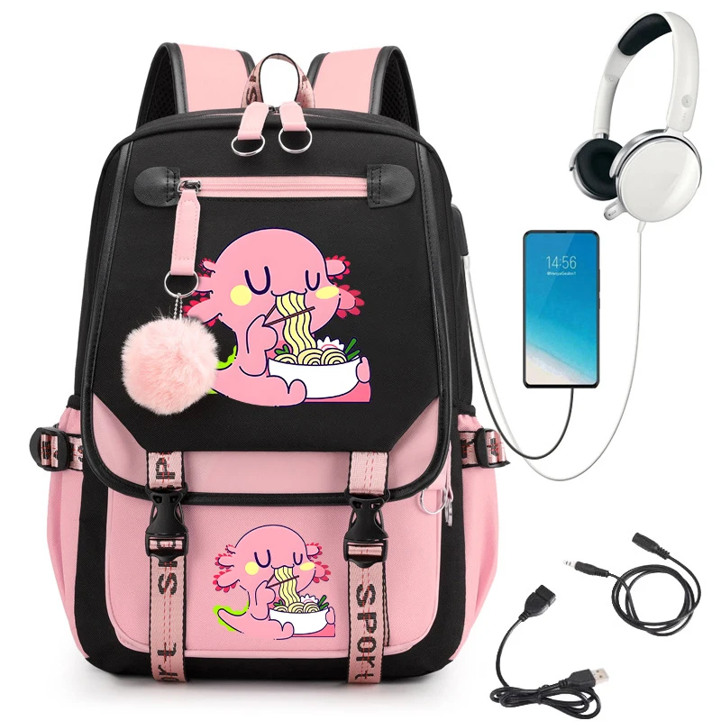 

Kawaii Backpack Cartoon Axolotl Eating Ramen Noodles School Bag Kids Boys Girls Student Schoolbag Usb Anime School Backpacks