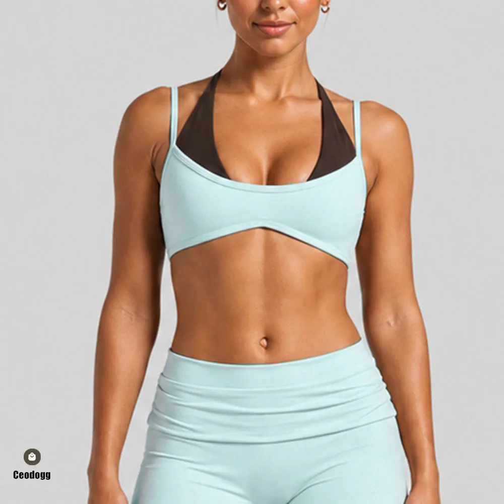 Fake Two Piece Yoga Bra Nake Nude Sports Bra Women Outdoor Commute Workout Tops Fitness Gym Bralette Active Wear XP80