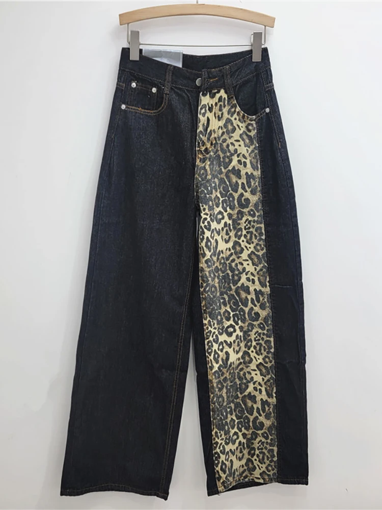 DEAT Women\'s Jeans Patchwork Leopard Pattern Printed High Waist Straight Wide Leg Loose Denim Pants Autumn 2024 New Fashion