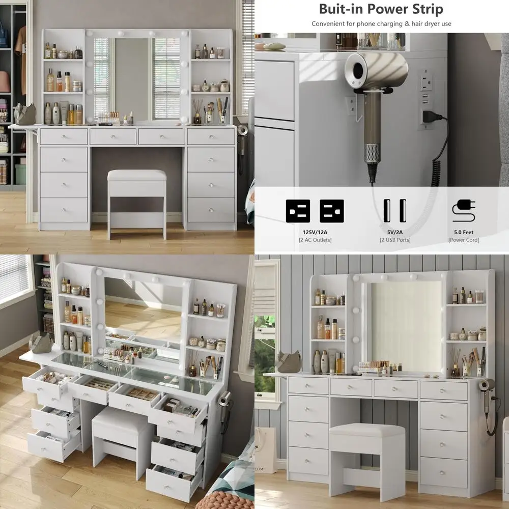 Illuminated Makeup Vanity Desk with Mirror, Power Outlet, 10 LED Lights, and 10 Drawers with 6 Storage Shelves