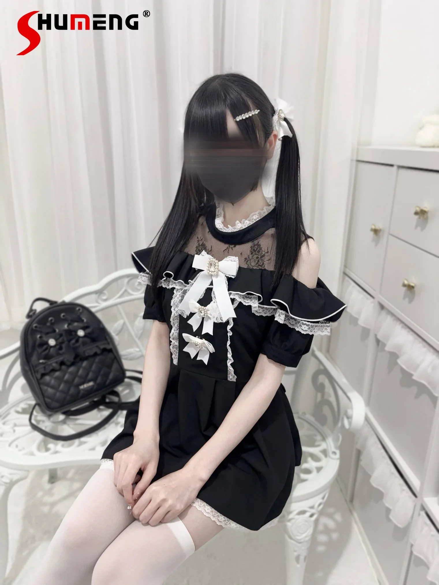 

Japanese Mine Ruffled Lace Stitching Bow Off-Shoulder Stand Collar Short Sleeve Top High Waist Shorts Two-Piece Set for Women