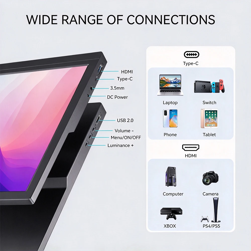 17.3-inch 1600 * 900 HD portable monitor with Type-C and HDMI, suitable for laptops PS PC XBox PS4/5