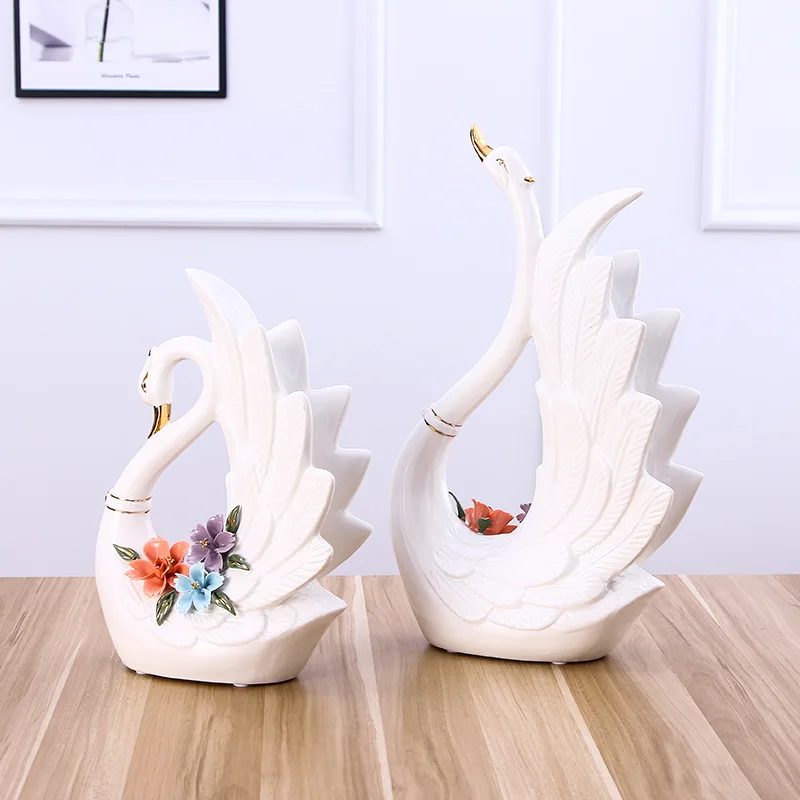 A Pair White Swan Lovers Home Decor Ceramic Crafts Porcelain Animal Figurines Wedding Decoration Lovers Gift W5065