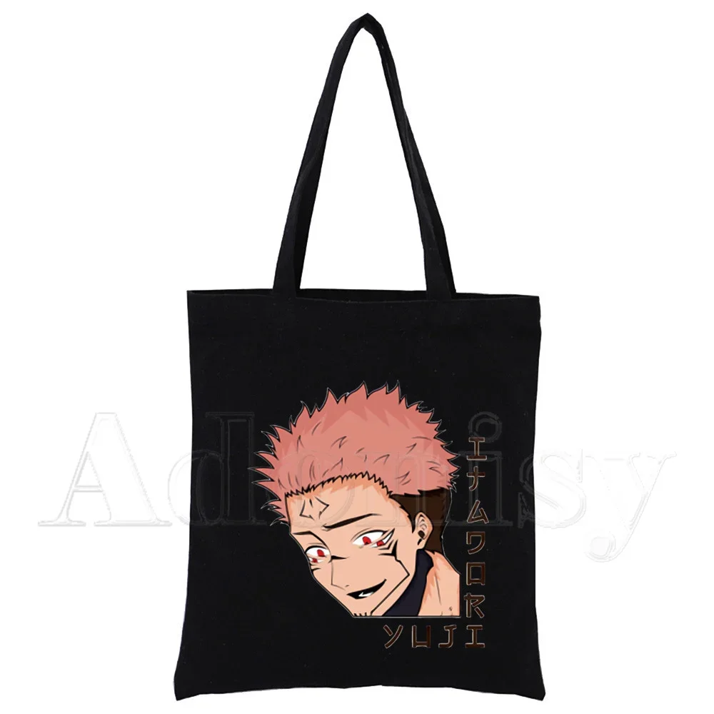 Jujutsu Kaisen Print Reusable Shopping Bag Women Canvas Tote Bags Printing Eco Bag Cartoon Shopper Shoulder Bags Black