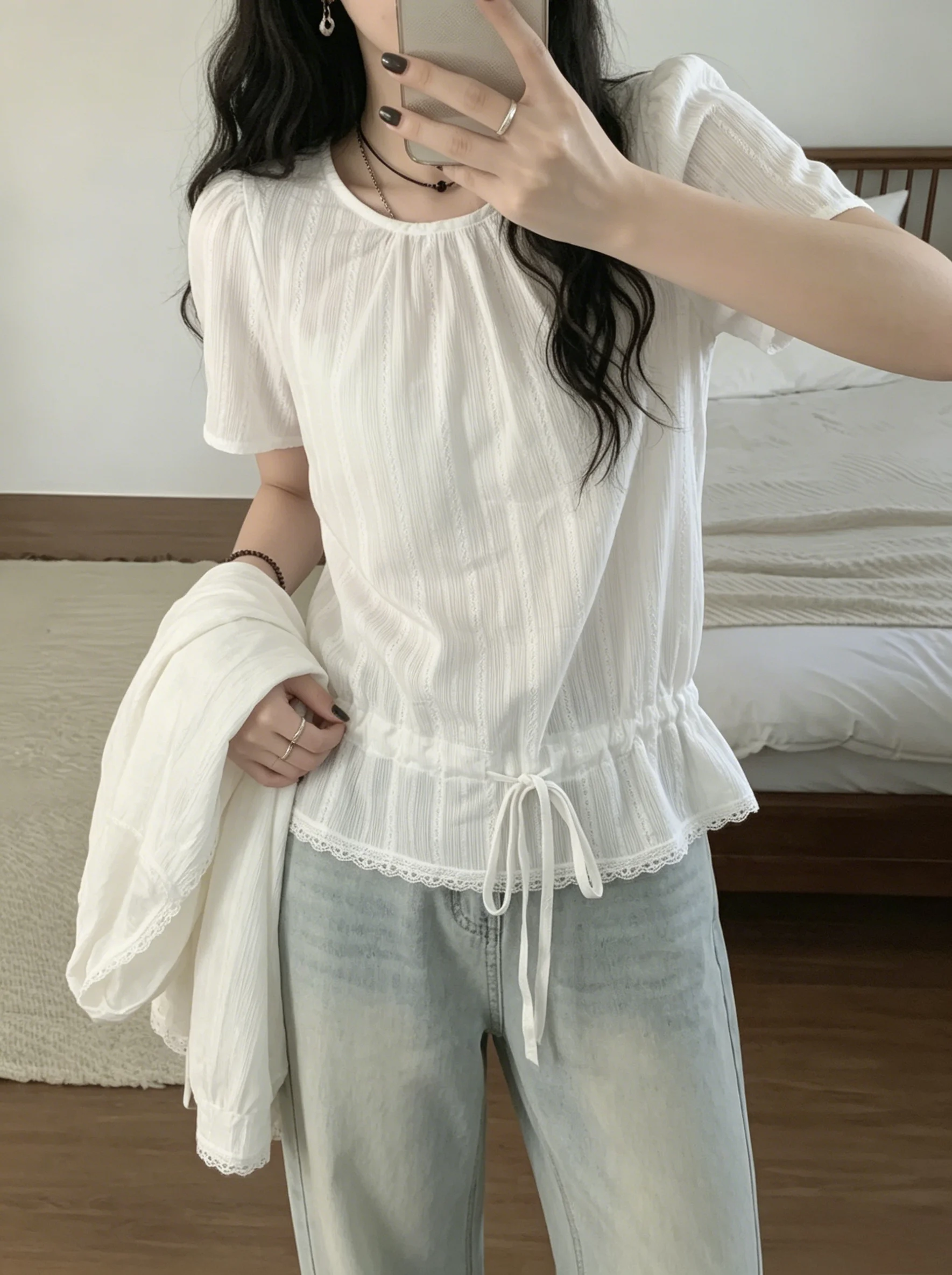Lace Trim Splice Hem Drawstring Top, Round Neck, Solid Color Short Sleeve Shirt, Versatile Loose T-Shirt for Women