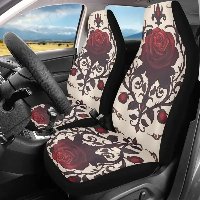 

Vintage Rose Floral Print Car Seat Covers for Women Retro Red Rose Flower Painting Universal Auto Front Seats Protector Interior