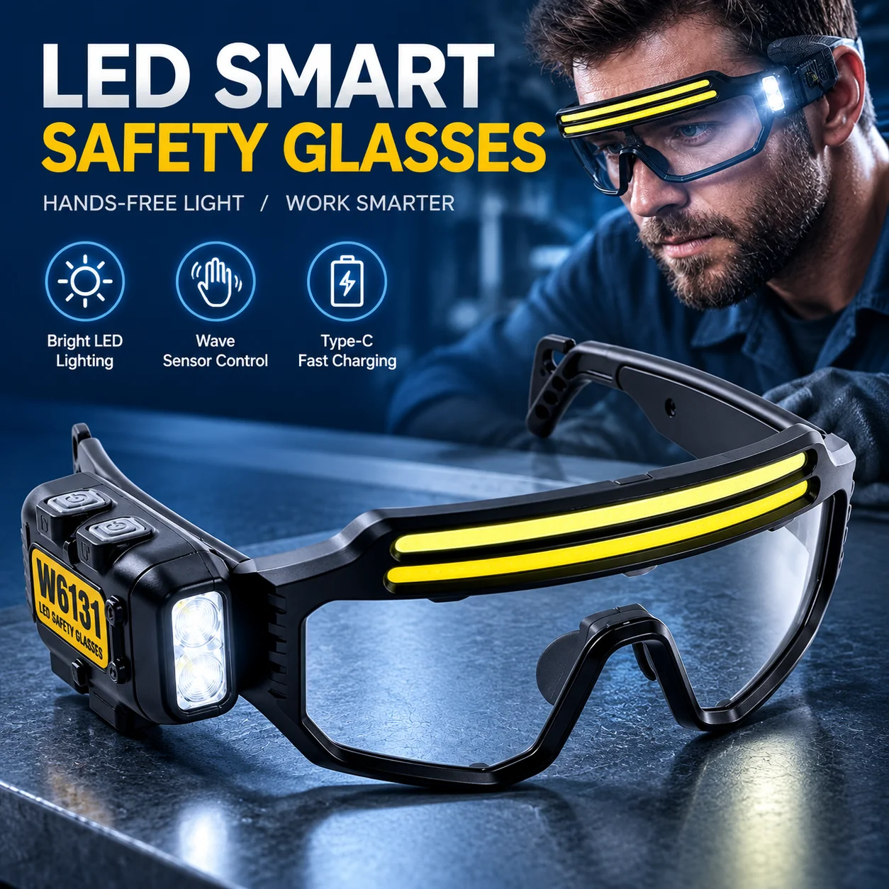 COB Protective Eyewear Rechargeable Safety Glasses with Headlamp Rechargeable Check Engine Light Multifunctional Goggles Light