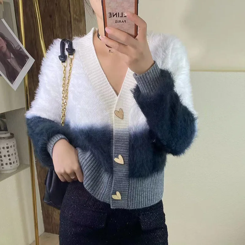 Autumn And Winter Lazy Feng Shui Mink Fur Short Sweater Jacket Women's New Loose Gradient Color Soft Glutinous V-Neck Knitted