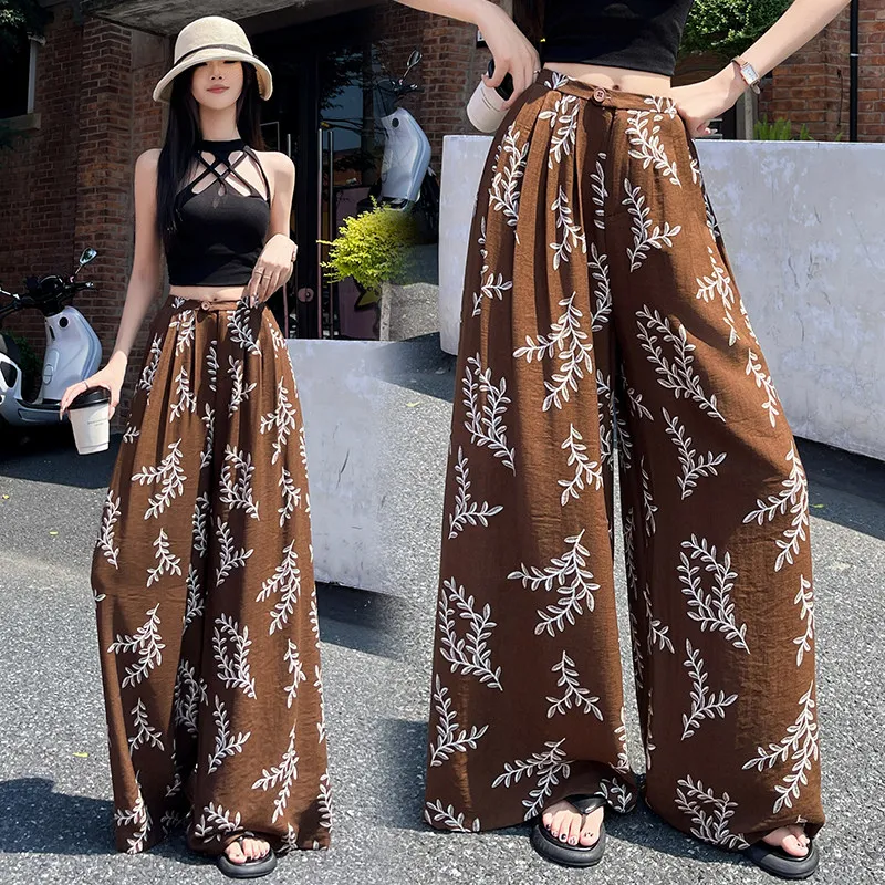 High Waist Linen Wide Leg Pants Women's Summer New Style Casual Cotton Linen Print Drape Straight Leggings