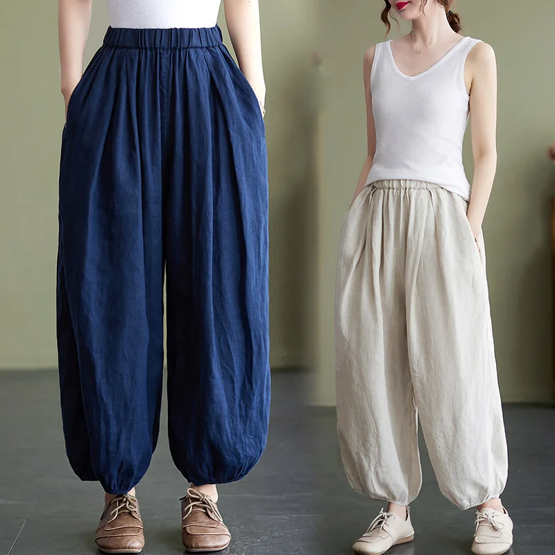 Pantalon lanterne d'été en coton et lin pour femmes, ample, décontracté, polyvalent, à revers, Rutabaga, taille basse