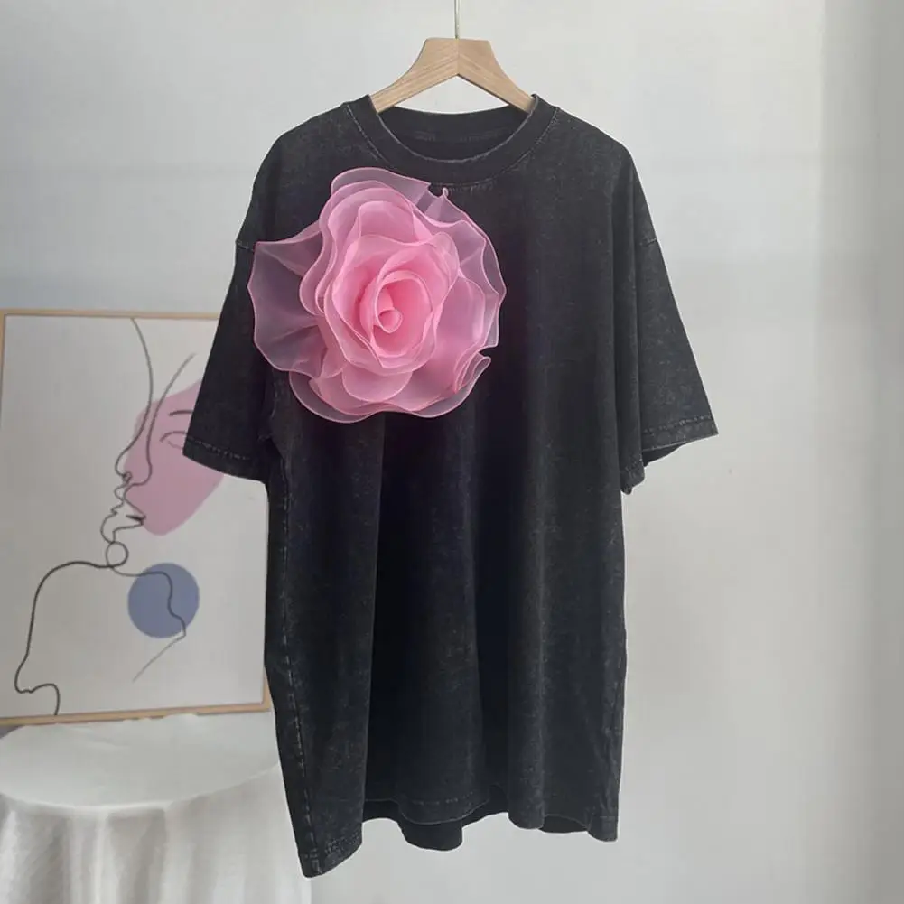 

Fashion Summer T-shirt, Round Neck, Women Short Sleeve T-shirt with 3D Flower Decoration, Distressed Washed Loose Fit Tee Shirt