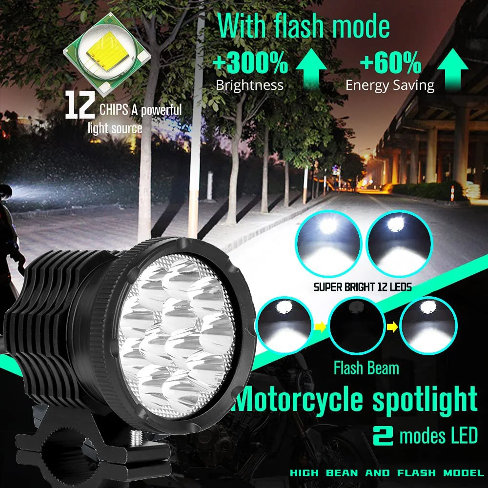 Auxiliary Motorcycle Headlights 12Chips 12-80V Flasher Front Additional Spotlights Led Lights Faros Moto Farol Fog Light Lenses