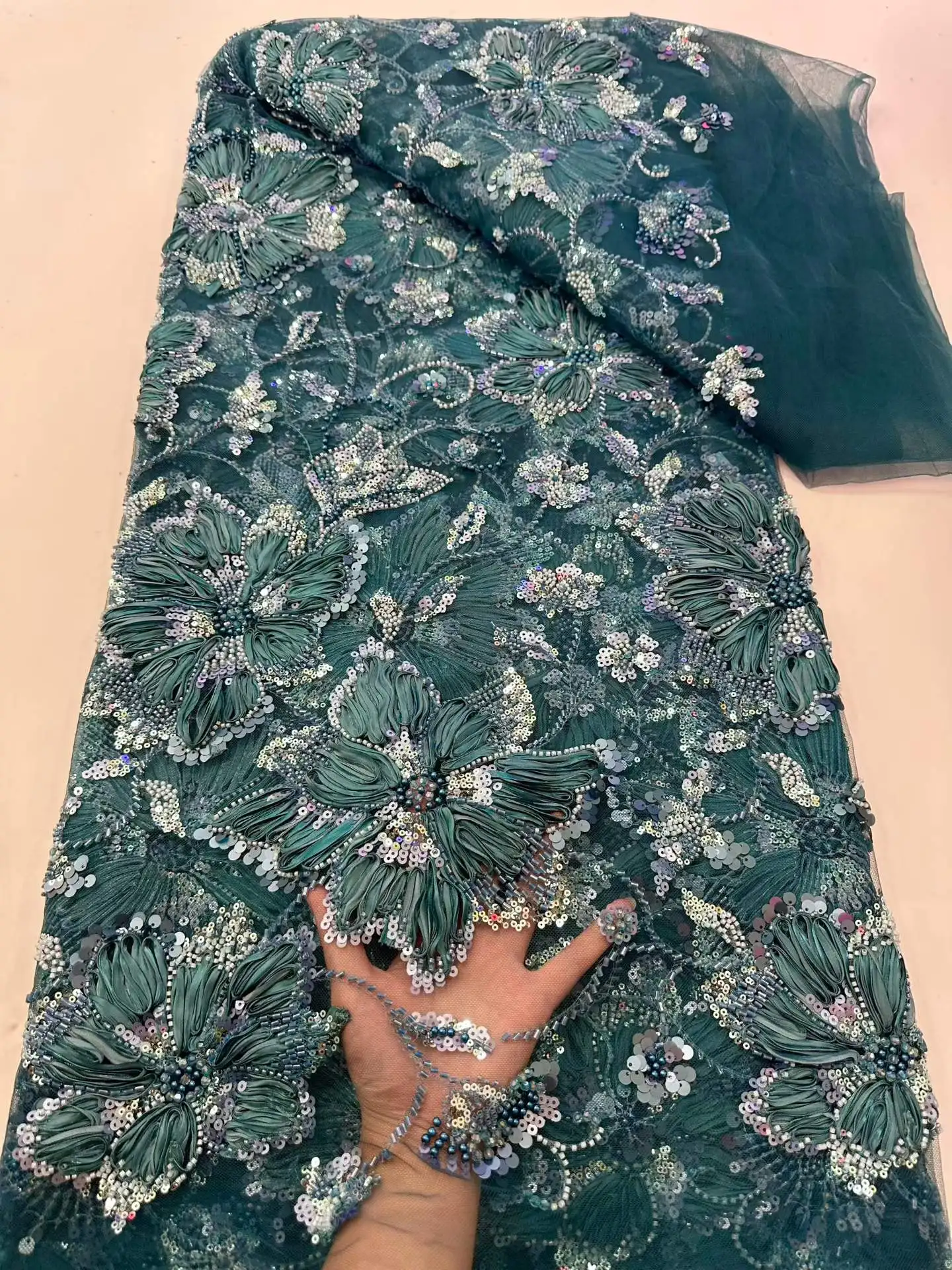 

2026 Luxury High-end Exquisite New Fashion Design Fabric Handmade Embroidery Net Lace Full Beads For Making Women Wedding Dress
