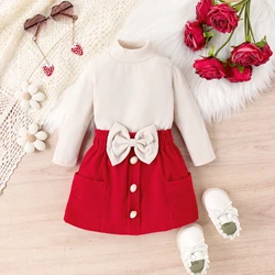 2PCS Autumn Girls Aged 1-4 Are Fashionable And Fashionable Apricot High-Necked Long-Sleeved Top + Red Corduroy Skirt