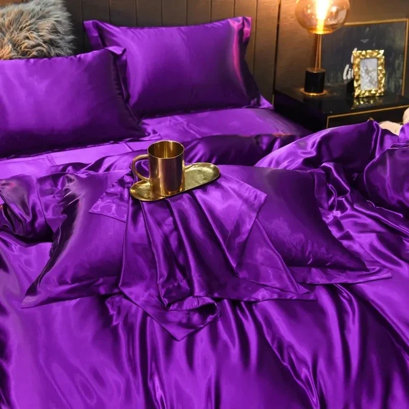 

Silk Bed Sheets Set with Pillows Case Bed Duvets Comforter Bedding Set 4 Pieces A/B Double-sided Color King Queen Full Twin Size