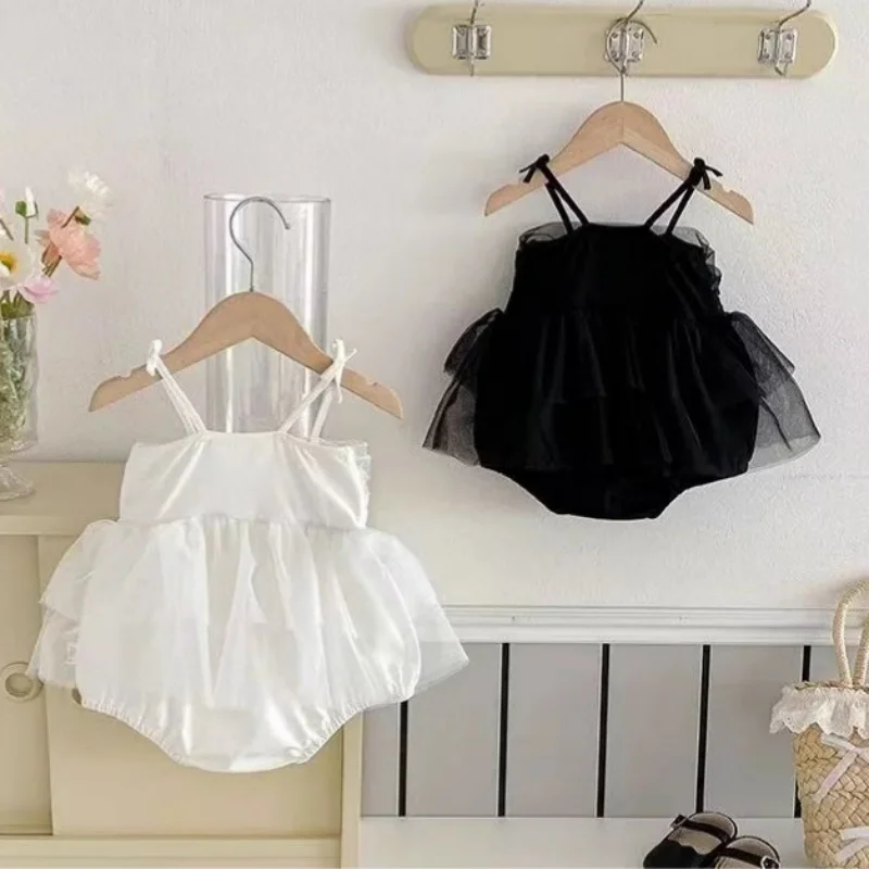 2026 Summer Princess Style 3-24M Baby Girls Skirted Bodysuit Lace Bow Newborn Jumpsuit Birthday Party Dress Infant Romper