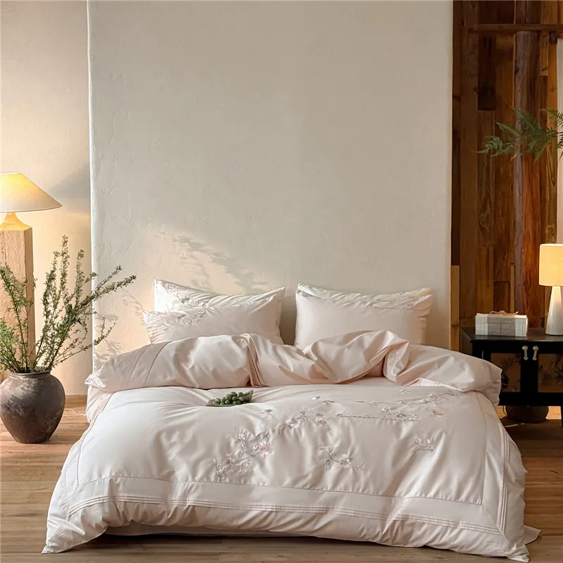 

600TC Long Staple Cotton Flower Embroidery Luxury Bedding Set Duvet Cover Set Flat/Fitted Bed Sheet Pillowcases