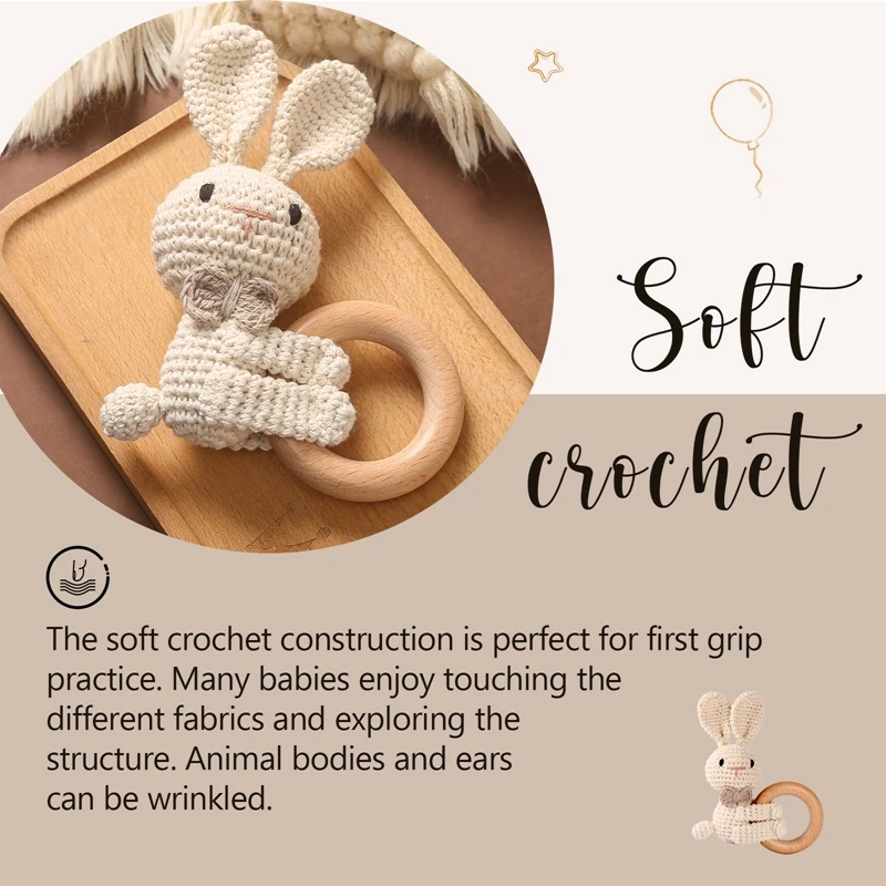 1PC Crochet Animal Rabbit Rattle Toy Soother Bracelet Wooden Teether Ring Baby Product Mobile Pram Crib Wooden Toys Newborn Gift