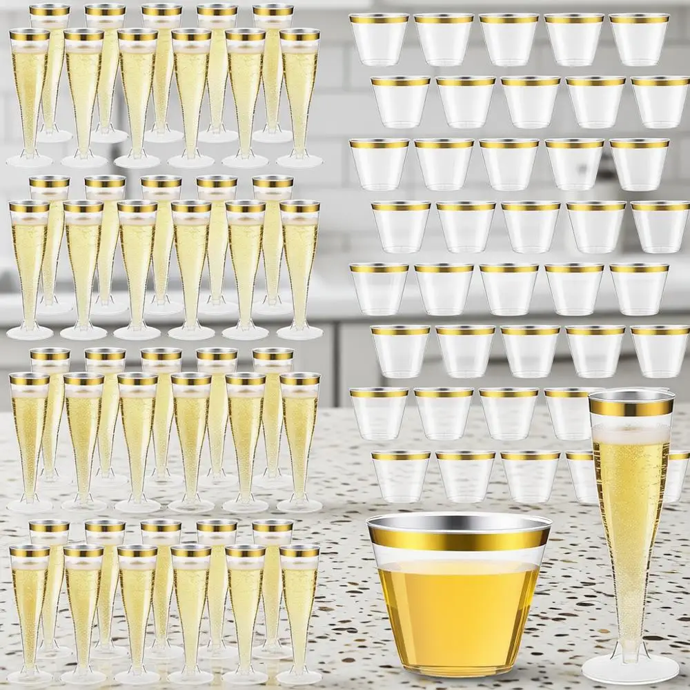 

160 Count Plastic Champagne Lutes and Cups Set, 60 Pcs 4.5 oz Gold Rim Disposable Champagne Lutes, 100 Pcs 9 oz Gold Rimmed Disp
