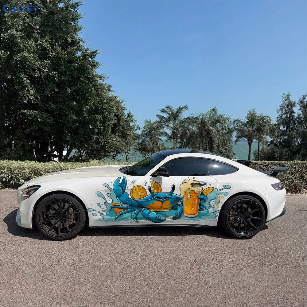 

2pcs Crab And Beer Pattern Car Side Wraps, Self-Adhesive PVC Waterproof & Scratch-Resistant Stickers, Car Accessory Gift