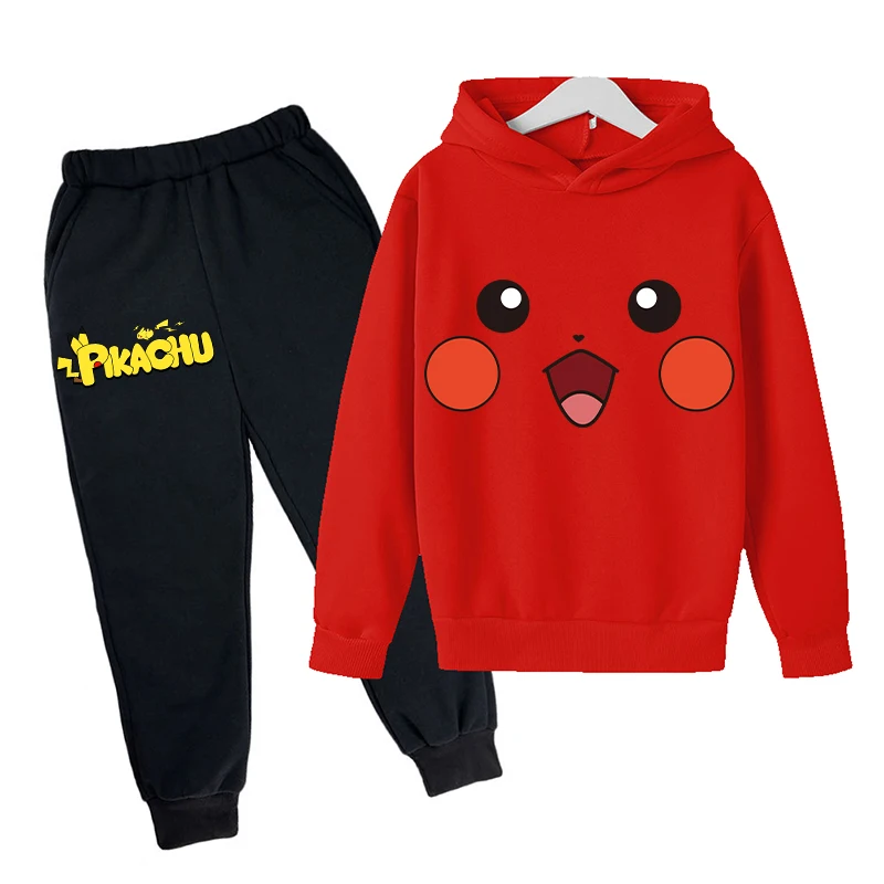 2pcs Pokemon Pikachu Hoodie Pants Suit Children Anime Sweatshirt Trousers Set Boys Girls Autumn Winter Fashion Two-piece Sets