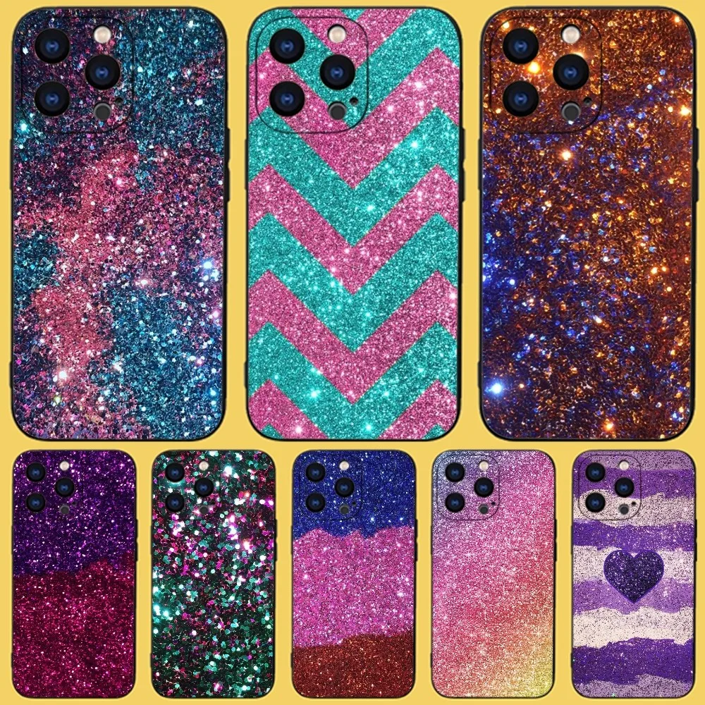 Glitter Sand Printing Art Phone Case For iPhone 15,14,13,12,11 Plus,Pro,Max,XR,XS,X,7,8 Plus,SE,Mini Black Silicone Soft