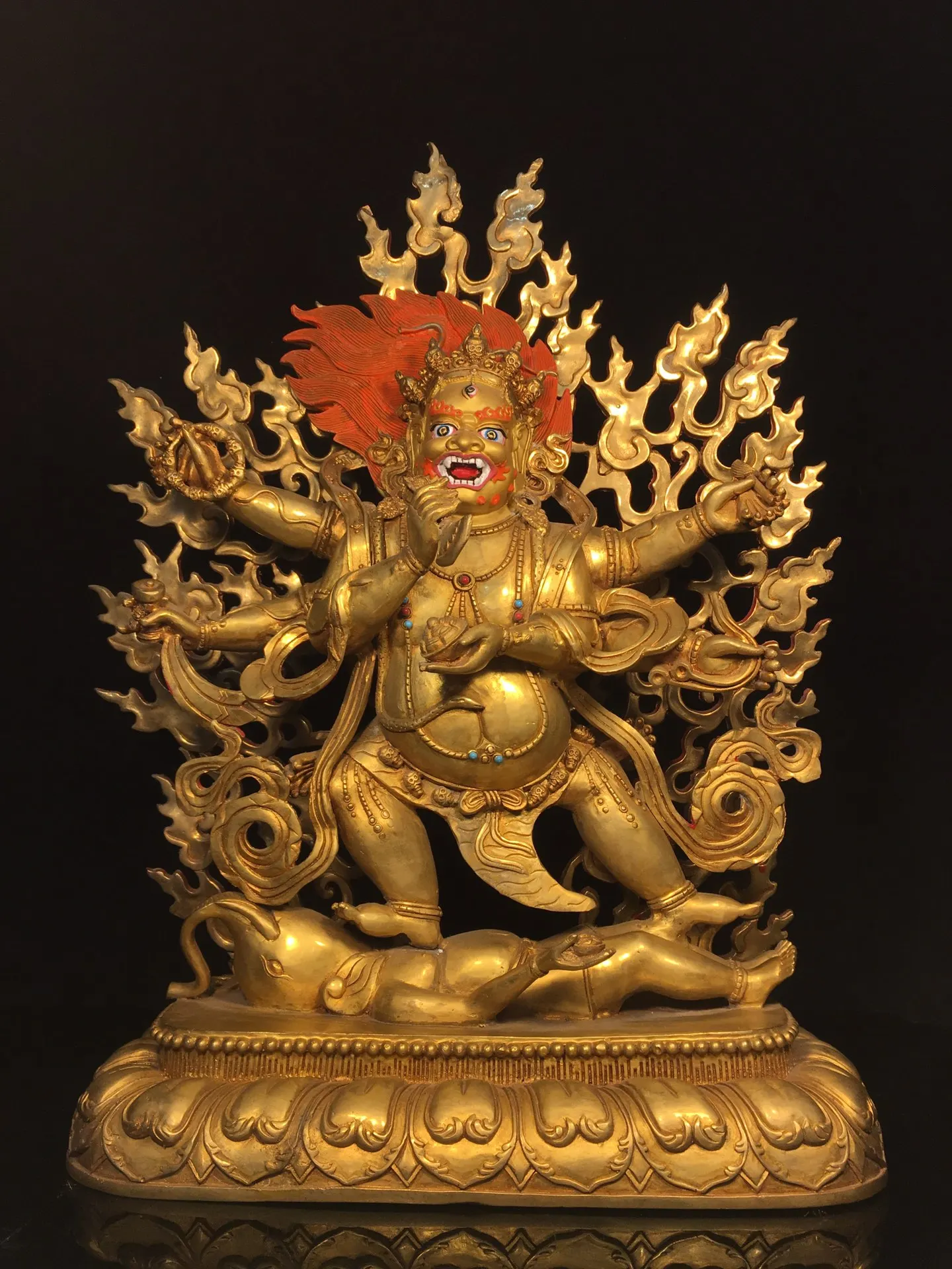 

20"Tibetan Temple Collection Old Bronze Gilded Painted Face Six arms Mahakala Standing Buddha Backlit Lotus Terrace Worship Hall