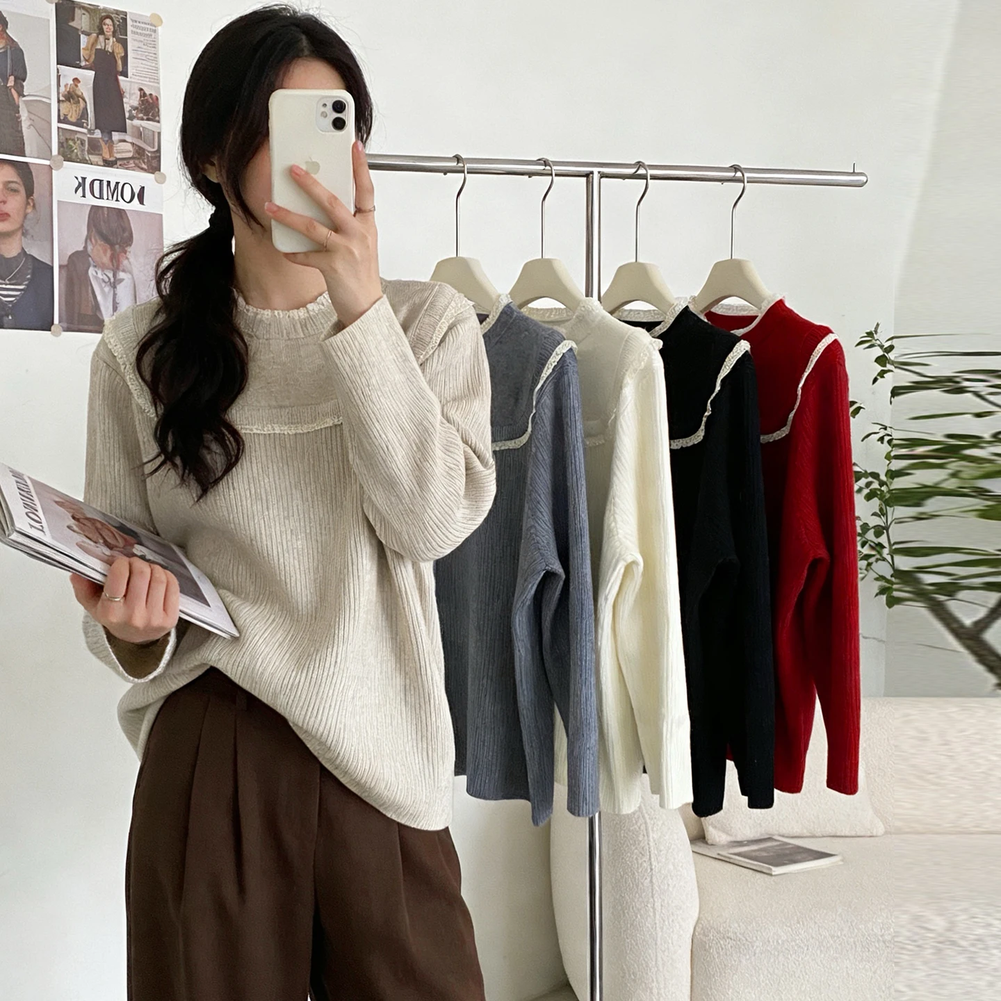 

High-End plus Size Women's Mid-Ne Lace Knitwear Loose Fit Top Slimming Effect Autumn Winter New Sle Commute Faion Ladie...