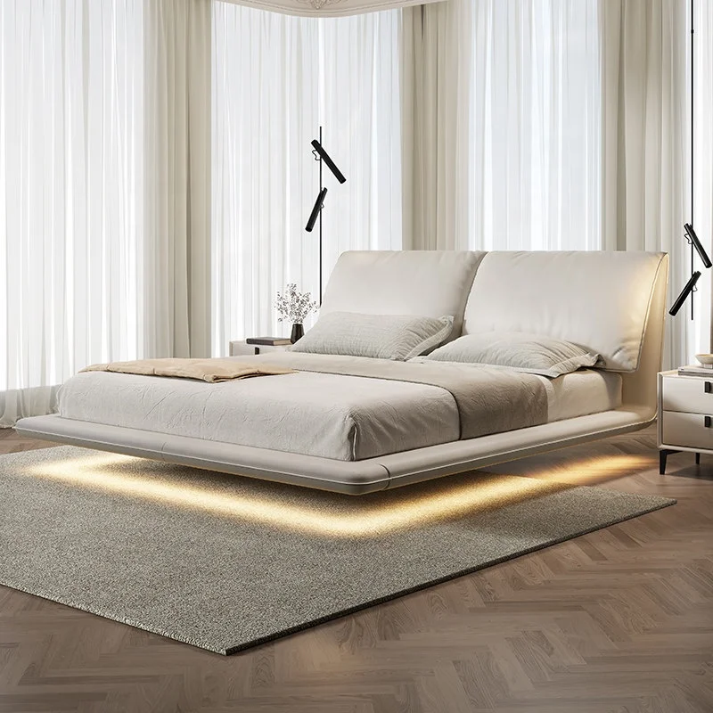 Simple light luxury suspended leather soft bed down filled double bed modern master bedroom home furniture