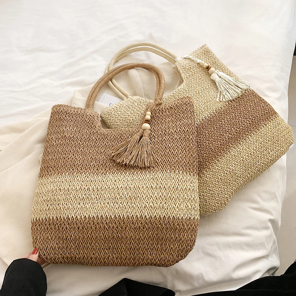 Straw Beach Bag Summer Woven Tote Bag with Tassels Large Shoulder Bag for Women Straw Purses and Handbags Rattan Boho Bag Raffia