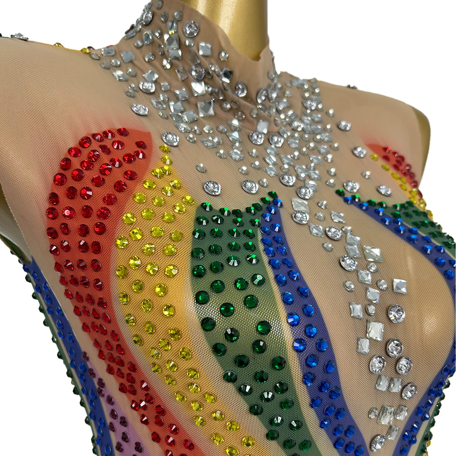 Sparkly Fancy Rhinestones Skinny Performance Bodysuit Hot Dance Costume Fringes Nightclub Party Dancer Stage Sheer Mesh Bodysuit