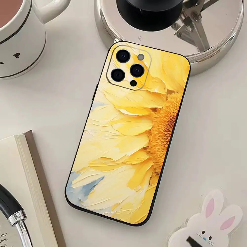 حافظة هاتف مطبوعة على شكل عباد الشمس لهاتف آيفون 17,16,15,14,13,12,11,Plus,Pro,Max,Plus,XS, حافظة ناعمة من السيليكون الأسود