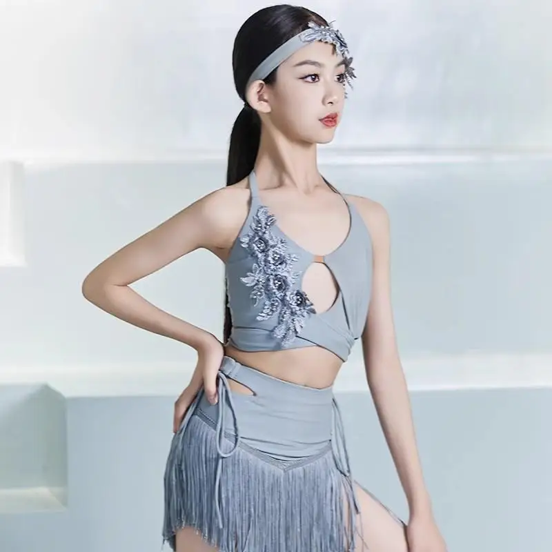 Robe de danse latine personnalisée pour filles, Costume de spectacle haut de gamme imprimé strass tempérament gland jupe courte ensemble d'entraînement