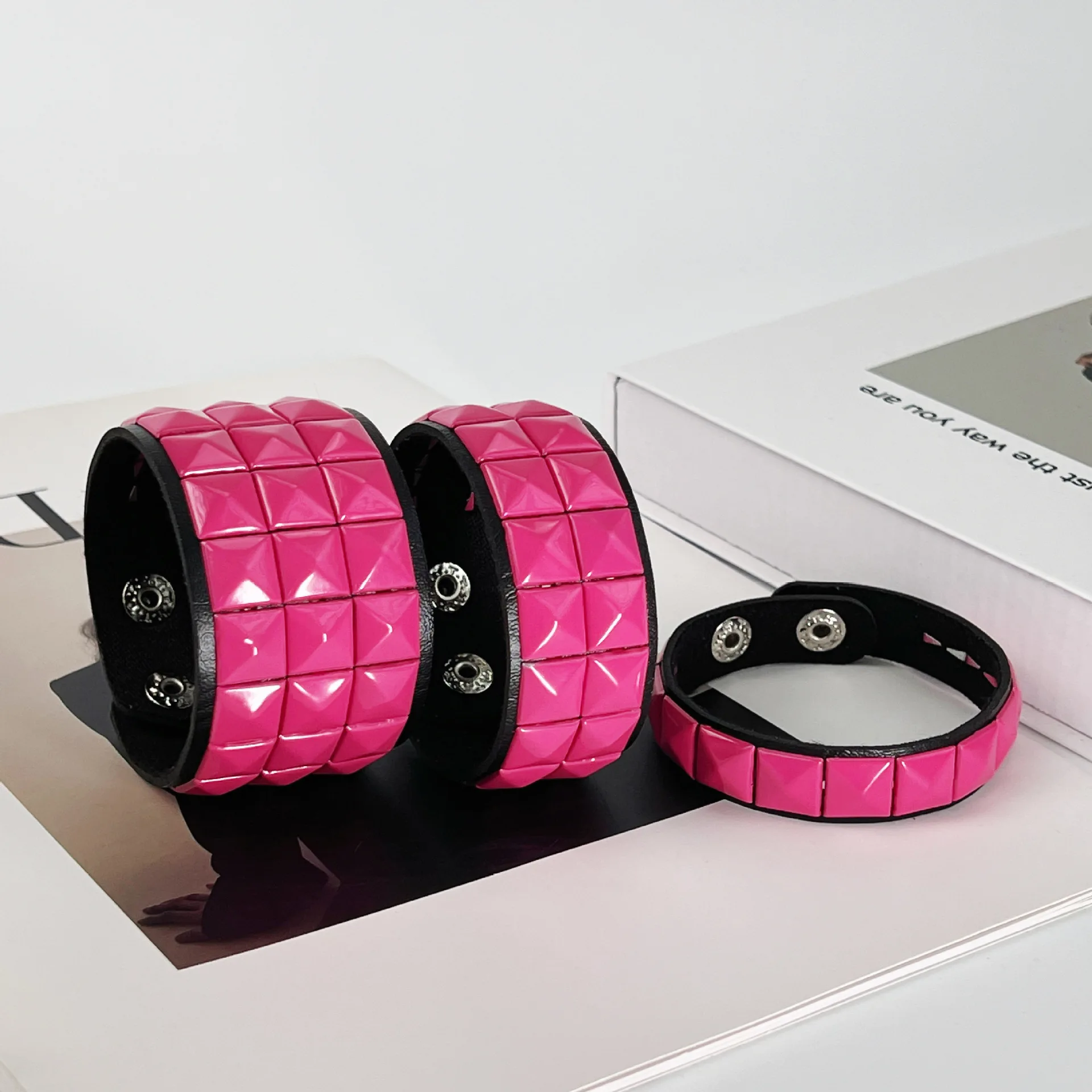 Fashion Punk Personality  Simplicity Street photography Nightclub Square rivets  Rose red Leather Alloy Hand bracelet