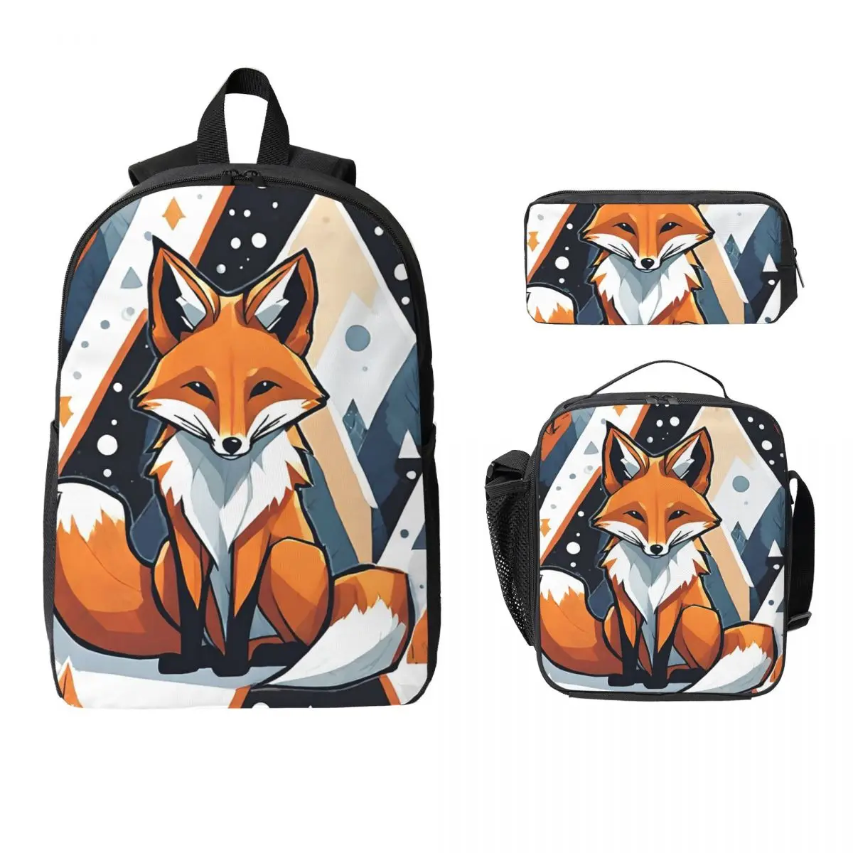 

Smiling Geometric Fox Backpack Student Boys Girls BookBag School Bag Computer Shoulder Bags 3ps Insulated Lunch Bag Pencil Case