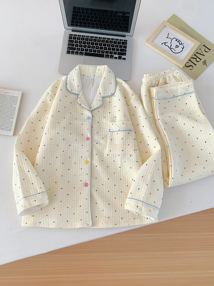 Thiened Long Sve Air Layer Spwear женский комплект домашней одежды с хлопковым наполнителем, теплый сладкий принт в горошек, осень-зима