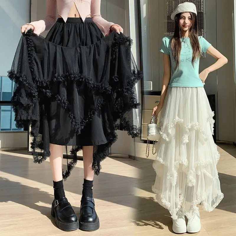 High Waist Asymmetrical Tulle Skirt Women's Spring Summer New Style Gauze Ear Mid-Length A-Line Cake Skirt Casual Style
