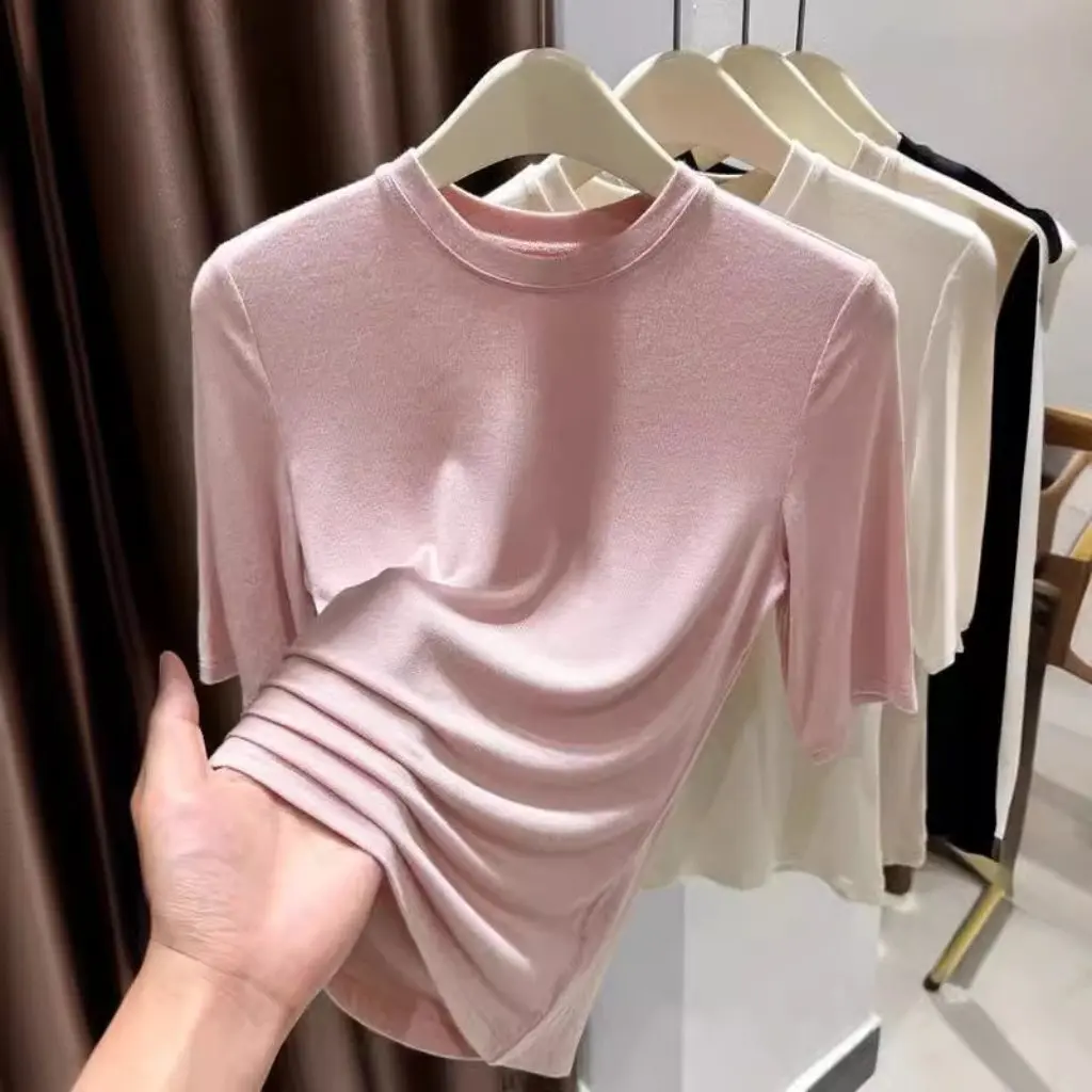 

Женская футболка со средним рукавом, розовый тонкий топ из модала с внутренней частью для весны и лета, рубашка с коротким рукавом, кожаная одежда