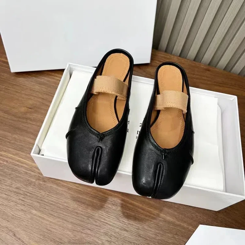 Luxury Brand Shallow Mouth Versatile Retro High Quality Shoes Genuine Leather Pig Hoof Shoes Split Toe Shoes for Women